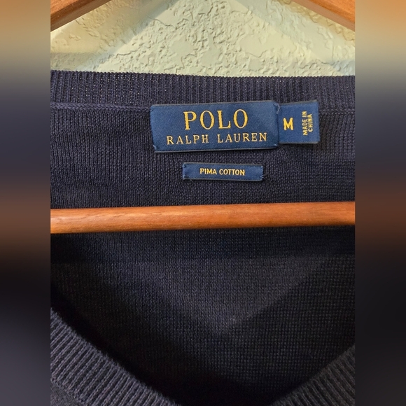 Polo Ralph Lauren Mens V-Neck Sweater Size Med  100% Pima Cotton Navy Blue Logo - Picture 9 of 9